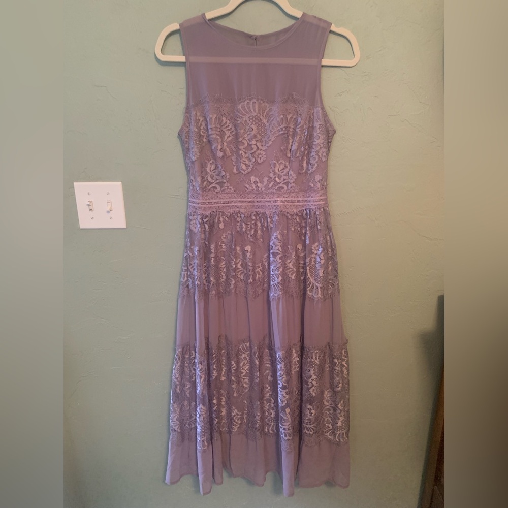 Gorgeous lace midi dress in a silvery lavender tone. Size 4.